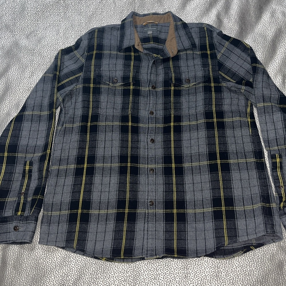LL Bean Signature Flannel Shirt Mens L Slim Fit Plaid Pockets Chamois Cloth EUC